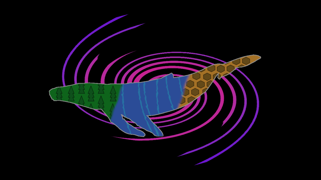 Cover Mockup for Gaia Starship depicting a whale shape filled with abstract representations of forest, sea, and steppe environments on an abstract spiral galaxy shape.